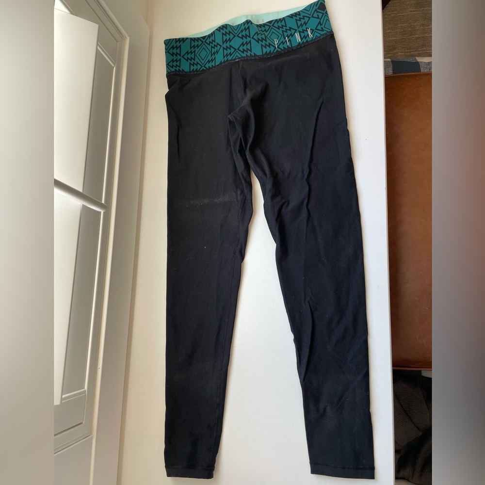 PINK black leggings. Cute teal waistband